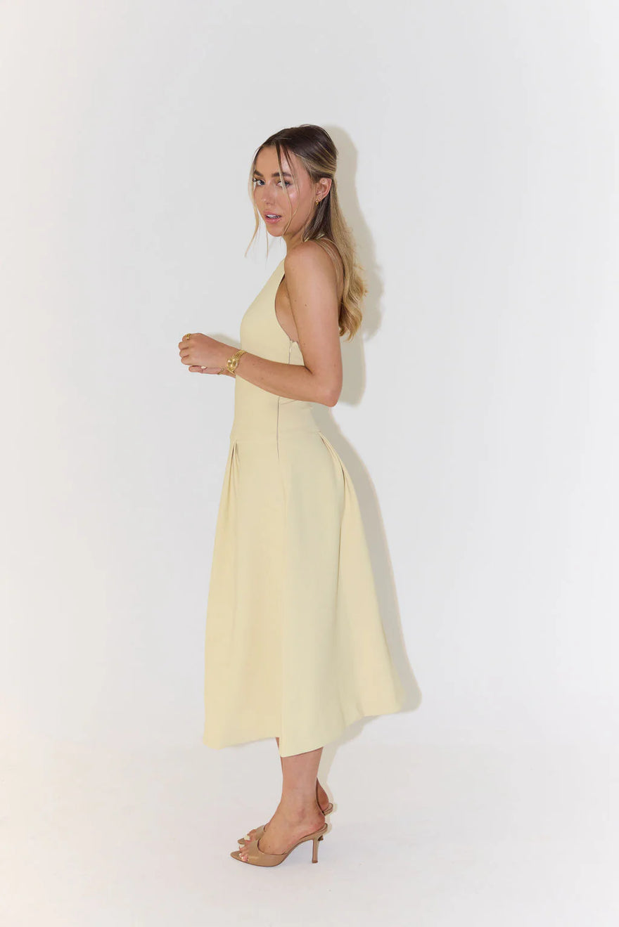 The Ultimate Muse Dropped Hem Midi Dress in Lemon