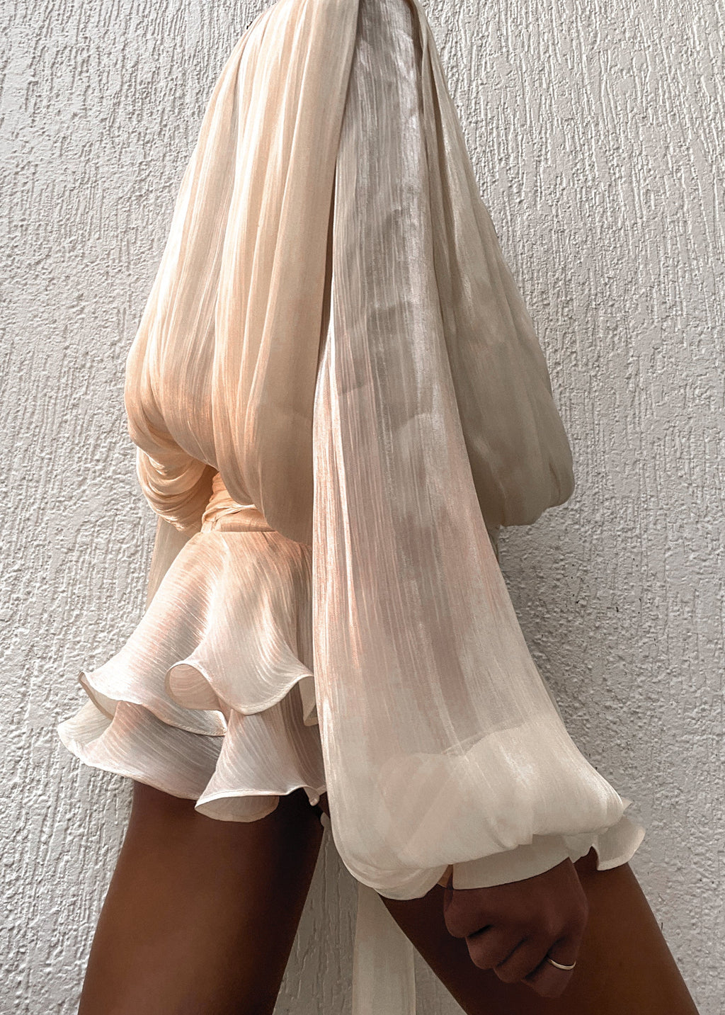 Eugénie Neutral Fully Pleated Ruffled Mini Dress