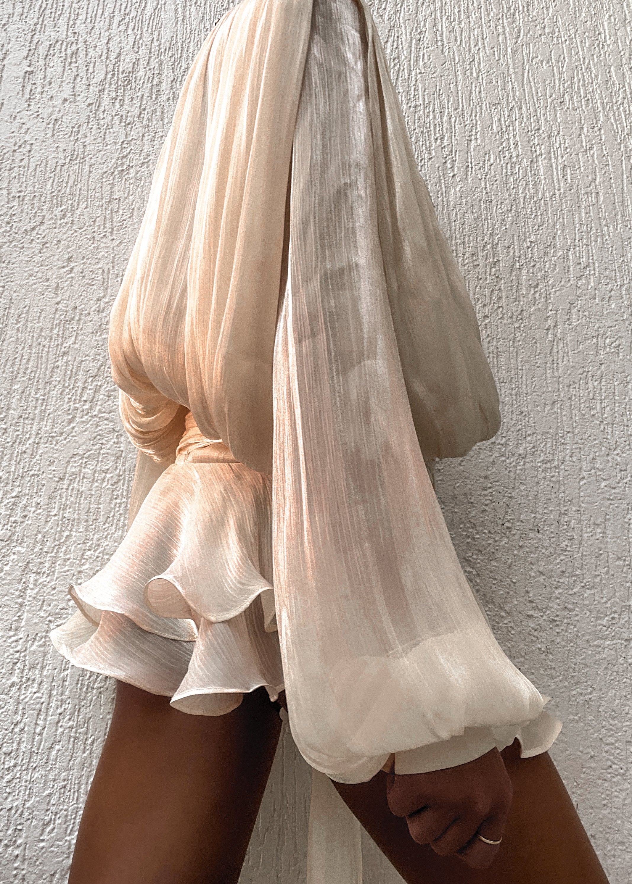 Eugénie Neutral Fully Pleated Ruffled Mini Dress
