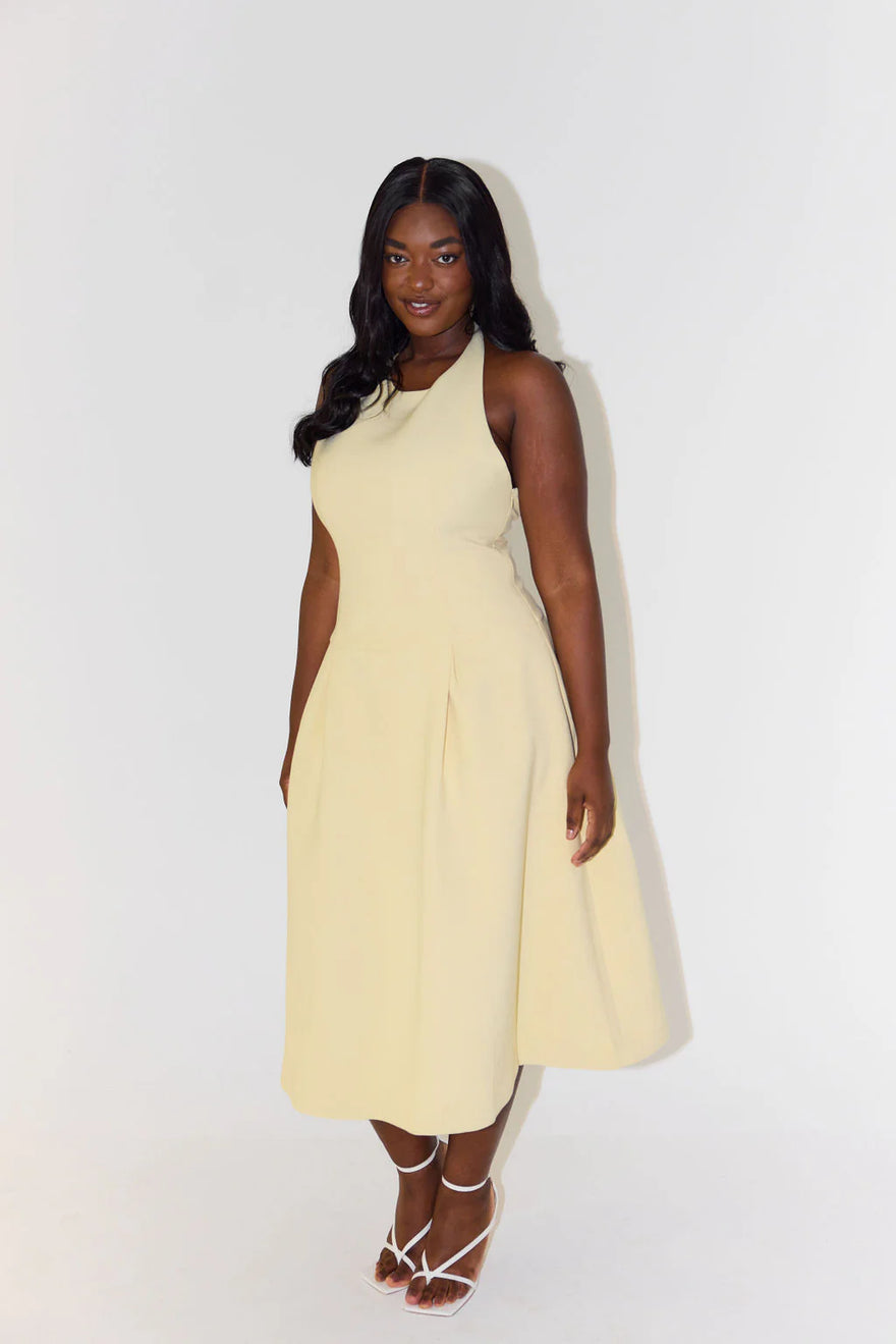 The Ultimate Muse Dropped Hem Midi Dress in Lemon