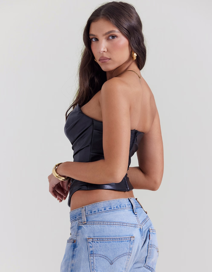 Saffira Black Plunge Vegan Leather Corset